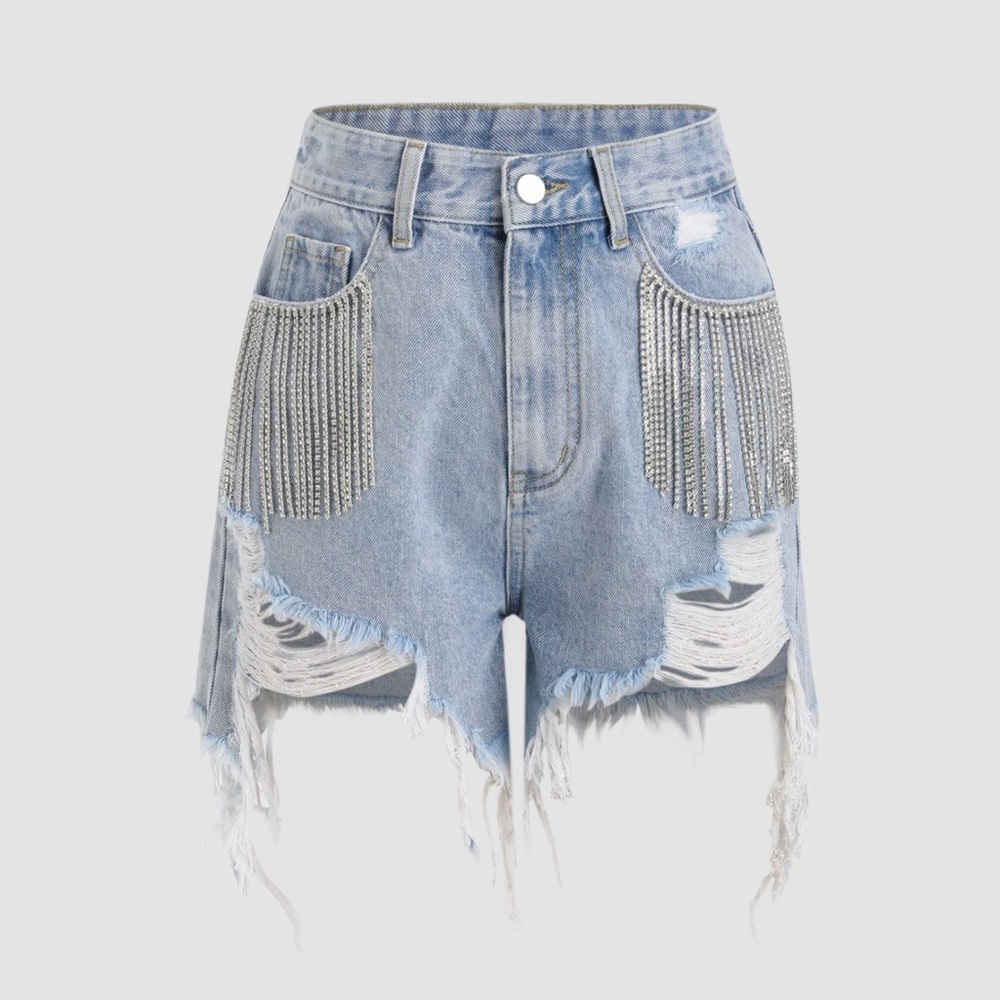 Diamond Tassel Ripped Denim Shorts- NEVER WORN